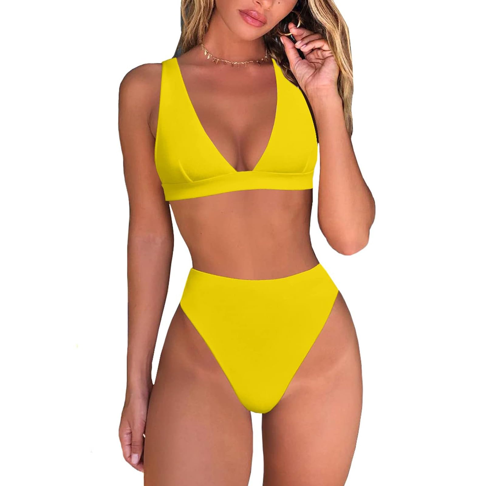 YOGALULU Bikinis Tangas Mujer Tanga de Talle para Mujer, Traje de baño de Dos Piezas con Parte Superior Triangular brasileña Sexy, Cuello en V Profundo Bikinis Fitness
