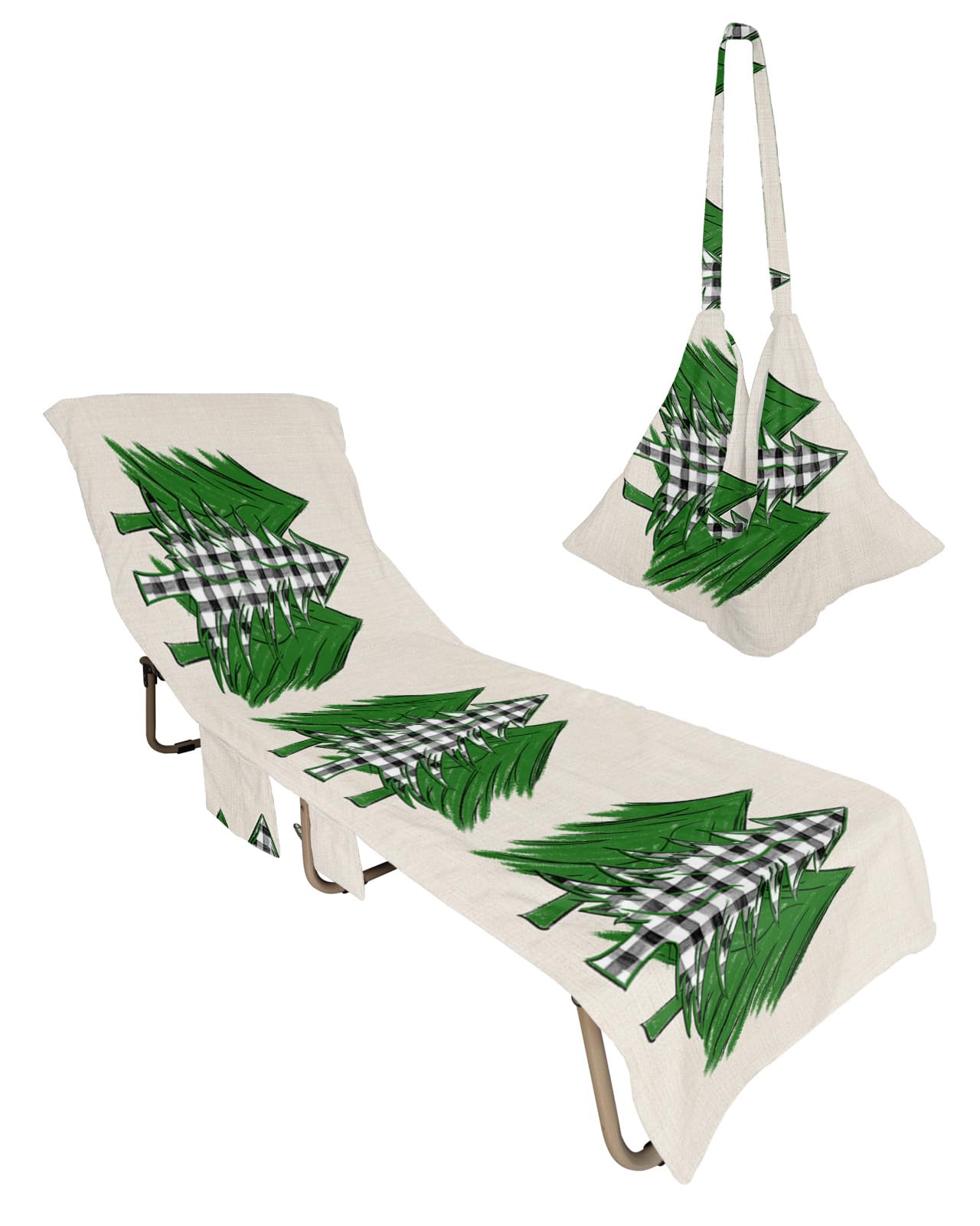 Green Christmas Tree Beach Lounge Chair Towel Cover, Soft Chaise Lounge Towel with Side Pockets Patio Pool Chairs Cover for Beach/Pool Sunbathing 29x85 Black and White Plaid Xmas Tree Rustic