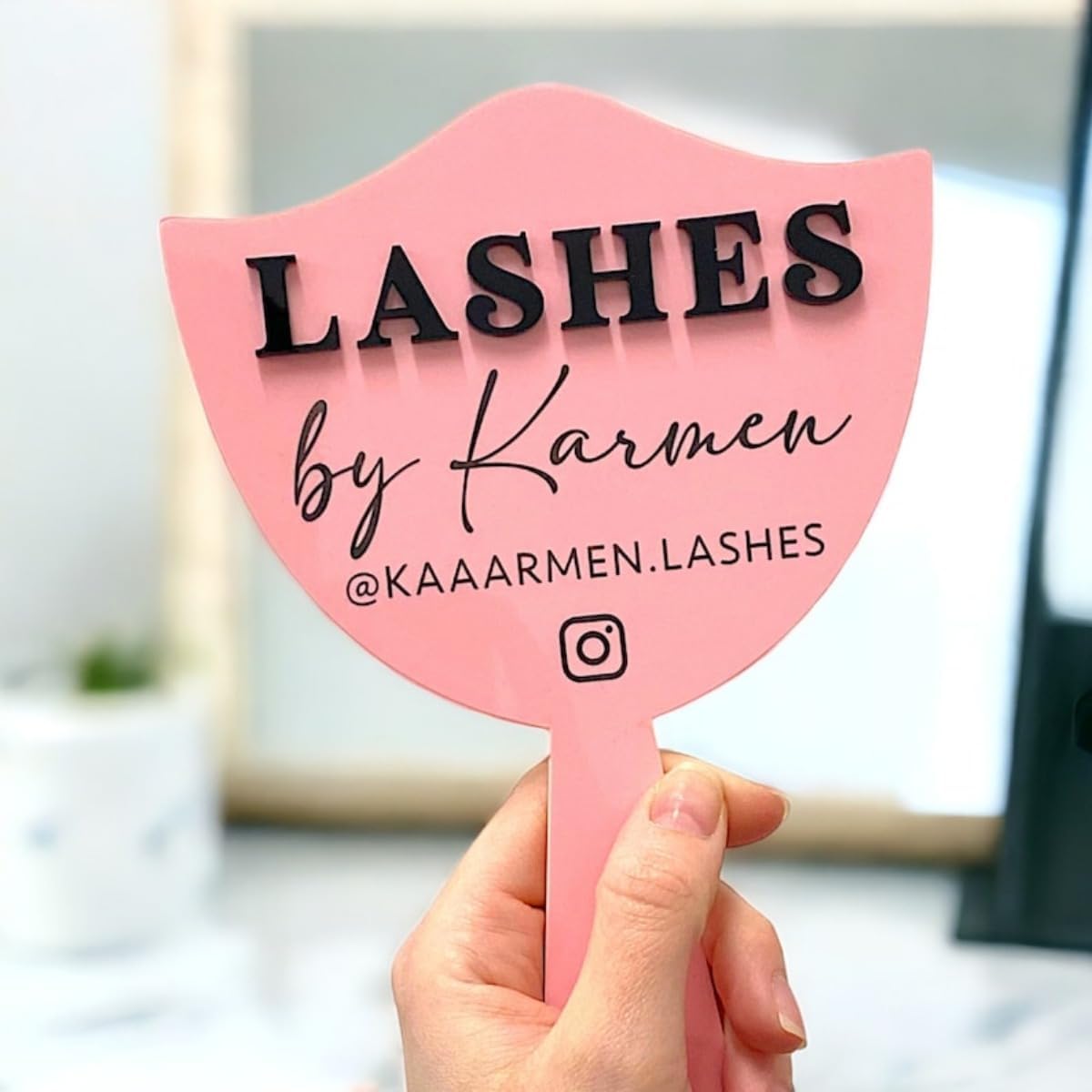 Personalised Handheld Mirror Social Media Prop,Personalised Eyelash Technician Prop,Eyelash Beauty, Lash Tech Sign (White)