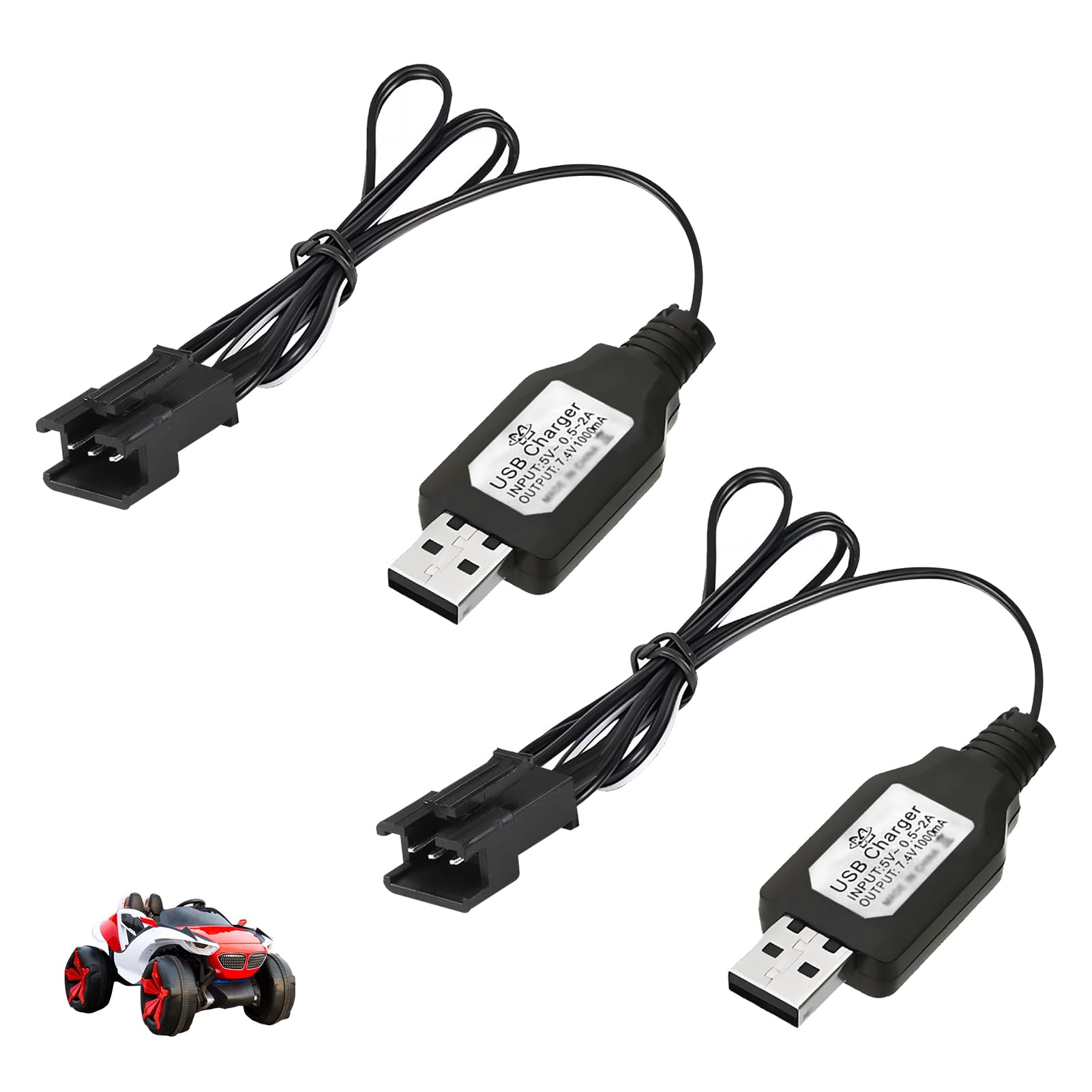 2 Pcs 7.4V USB Charger Cable, SM-3P Plug Charger, Universal RC Car Charger for RC Car Plane Tank Boat, Remote Control Toys, Charging Cable with Protection, DC 5V Input, 7.4V 1A Output, Black