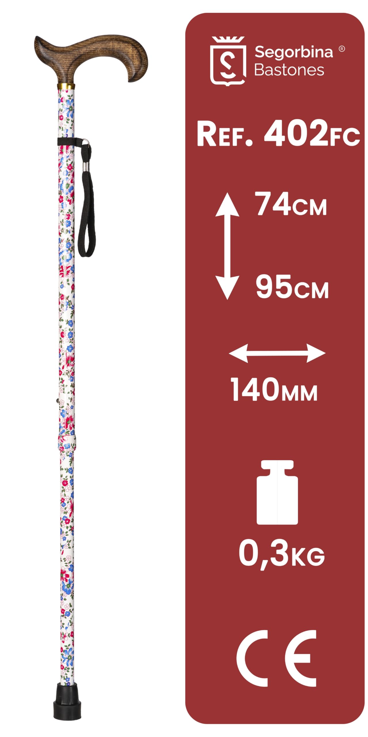 Bastón de Aluminio Extensible Regulable en Altura (74-95cm) con puño de Madera soflamado, contera Antideslizante y Acabado de Flores. Bastón muletilla para Apoyo y Ayuda a Caminar. (402FC)