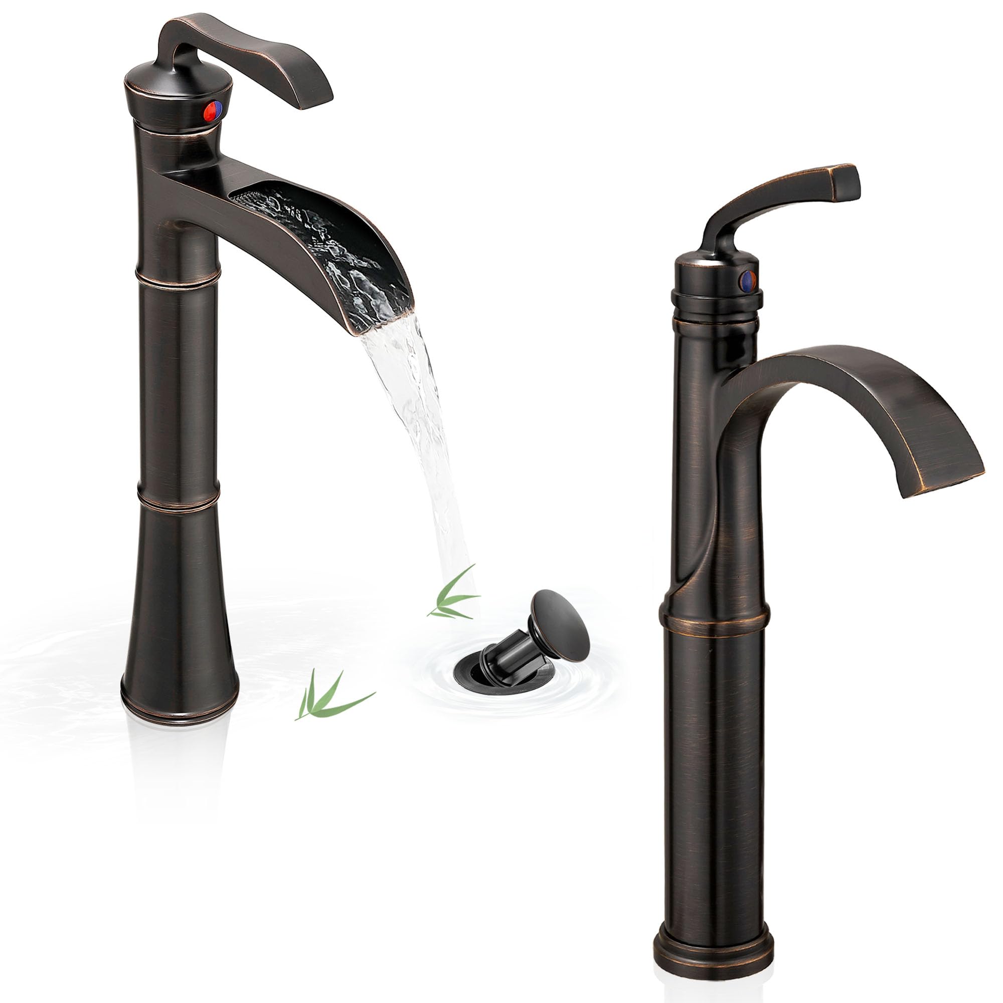 Hcfyauis Bronze Tall Vessel Sink Faucet, Oil Rubbed Bathroom Faucet Waterfall Bathroom Faucets One Hole, Brass Tall Bathroom Faucet Vanity Faucet 1 Hole Restroom Faucet Single Handle With Pop-Up Drain