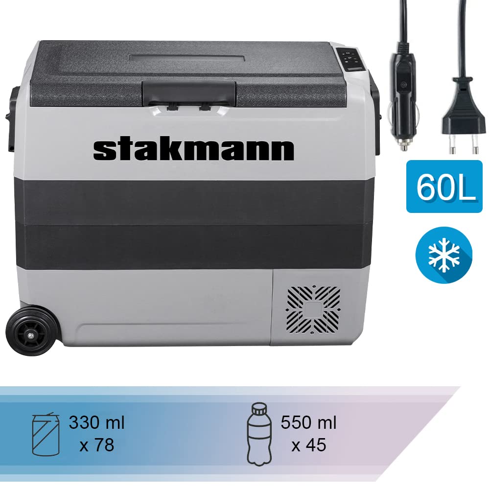 Frigorifero Portatile con Compressore 12V 220V, Frigo Congelatore con 2 Scomparti, Ruote e Manici Laterali, AC-DC 12/24 V, Ideale per Auto, Camper, Barca, Viaggi, Picnic (60 Litri)