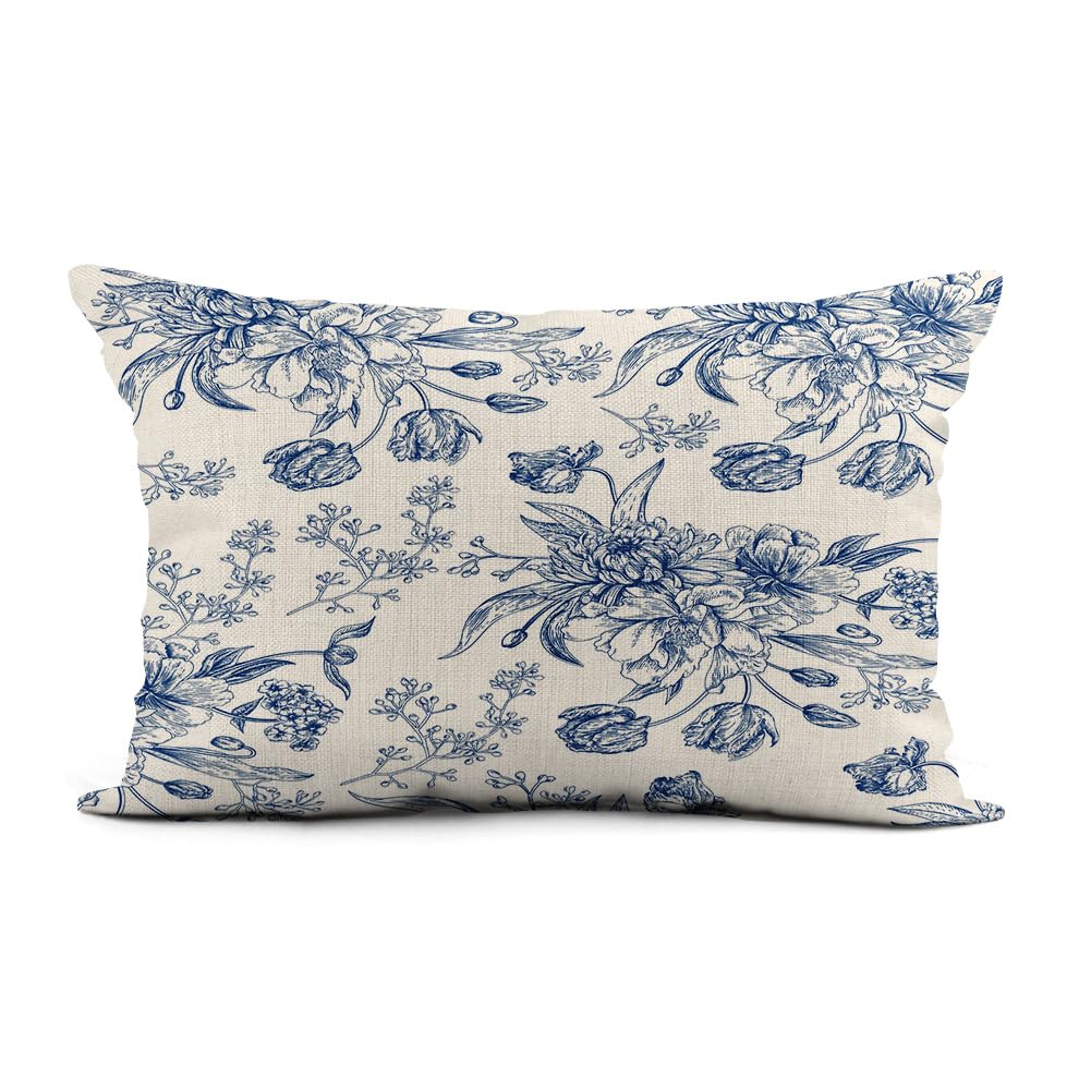 HODKHNO Throw Pillow Cover 12x20 Inch Chinoirise Blue Toile Flowers Boho Chic Baby White Pattern Home Decor Pillowcase Lumbar Pillow Case Cushion Cover for Sofa Couch Bed