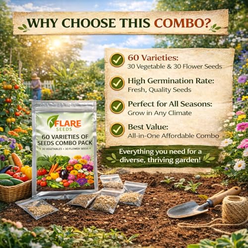 Image of 60 Varieties Seeds Combo Pack, 30 Vegetable and 30 Flower Seeds, High Germination Rate, All Seasons