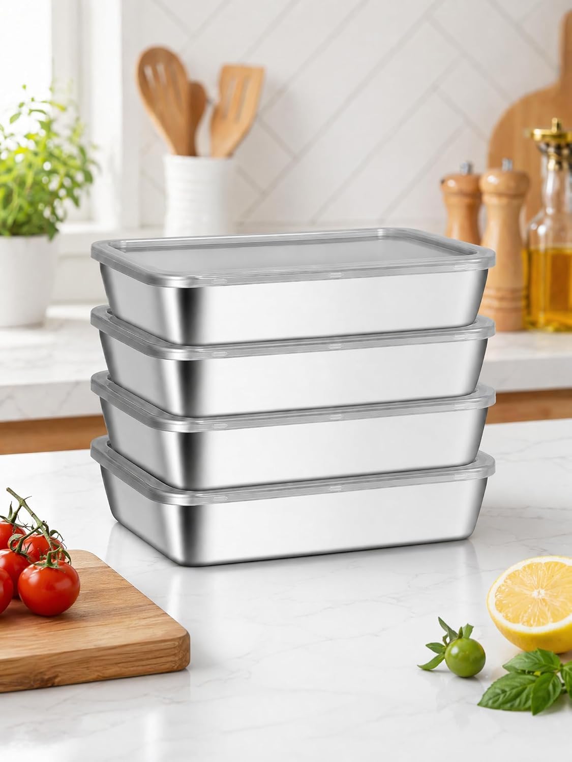 4 Pcs 304 Stainless Steel Food Containers, Airtight Food Storage Containers — image 1