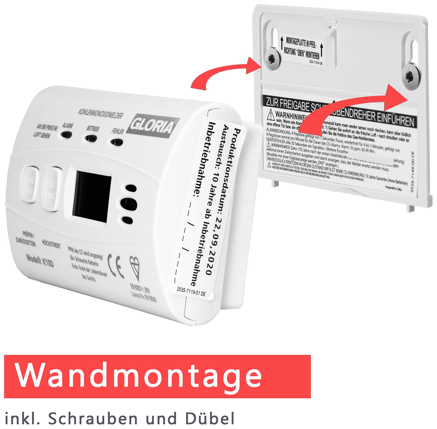 Gloria K10D Kohlenmonoxidmelder CO Melder mit Display u. 10-Jahres Batterie