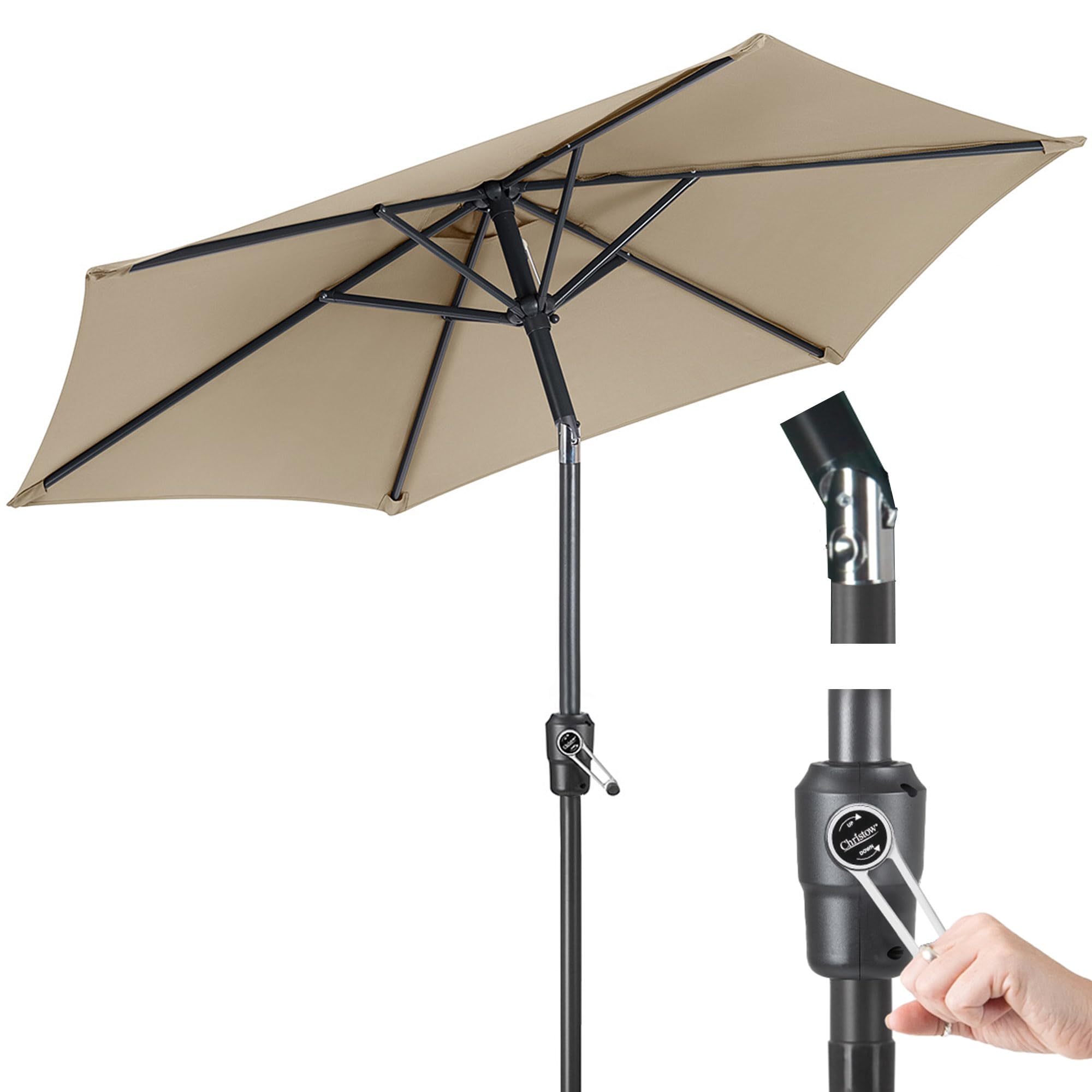 Christow Taupe Tilting Garden Parasol Umbrella Uv Protective Polyester Canopy With Crank Handle