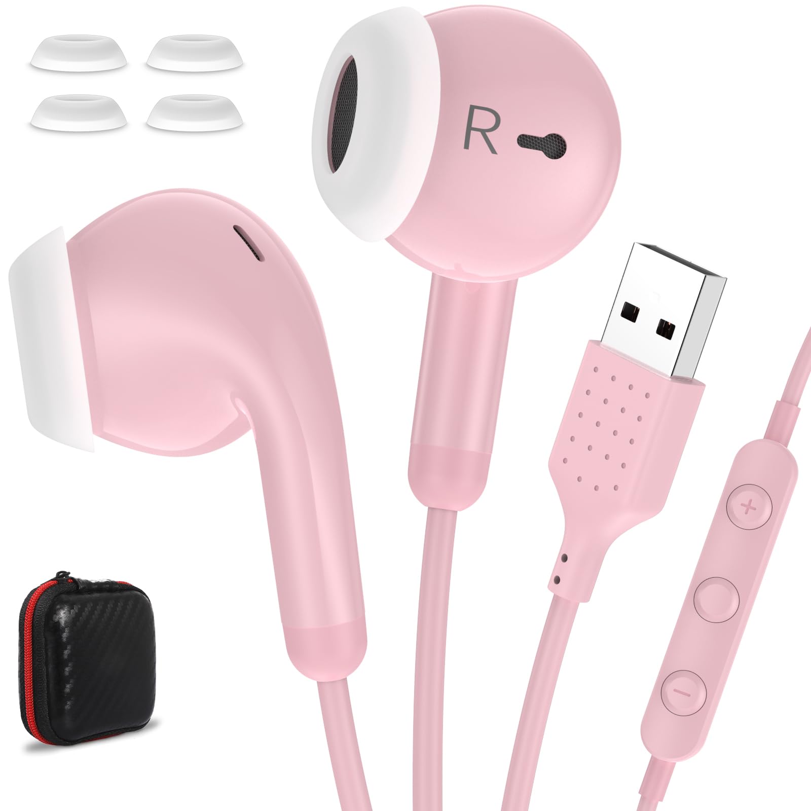 USB Earbuds for PC Laptop Computer with Mic Wired Headphones 7.5FT Pink-picture-25