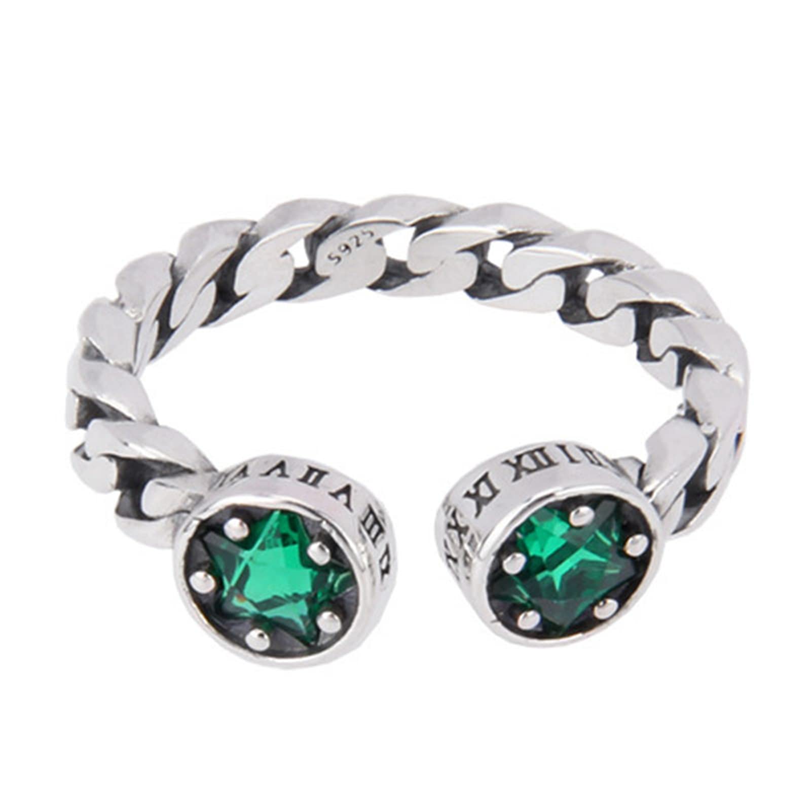 S925 Sterling Silver Men's Roman Numeral Ring, Gothic Vintage Open Adjustable Green Zircon Ring,Silver,7