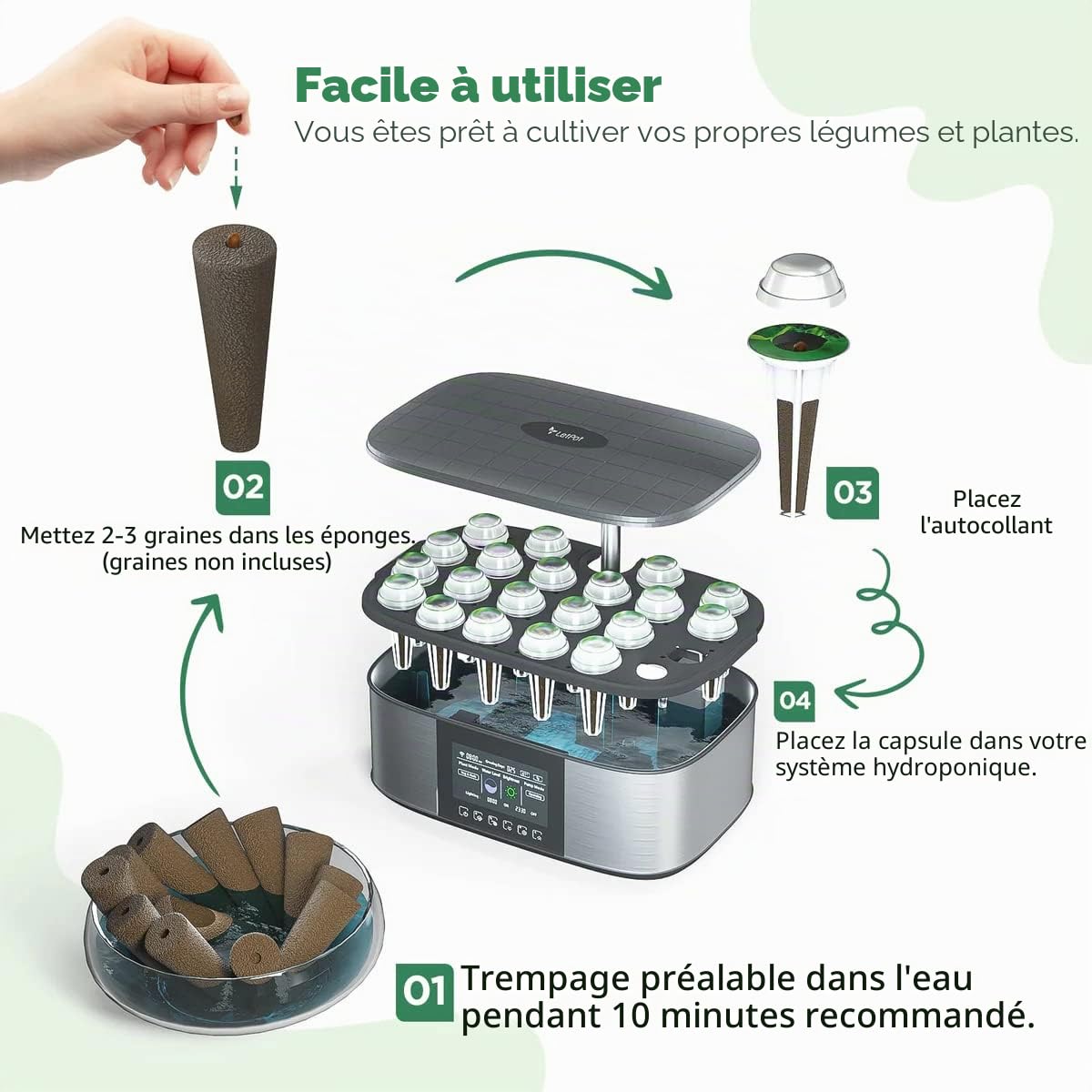 LetPot Kit de 172 capsules de semences, éponges de culture hydroponique, kit de culture hydroponique avec 60 éponges, 2 nutriments, 25 paniers, 60 autocollants, 25 dômes de germination