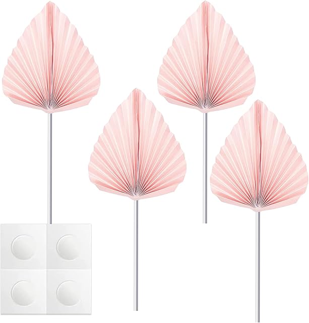4 Pcs Paper Palm Fan Cake Toppers, Palm Leaf Fan Cake Topper Palm Spear Leaf Cupcake Toppers Cake Insert Decoration For Cake Decorating DIY Craft Project Home Wedding Party Décor, Pink