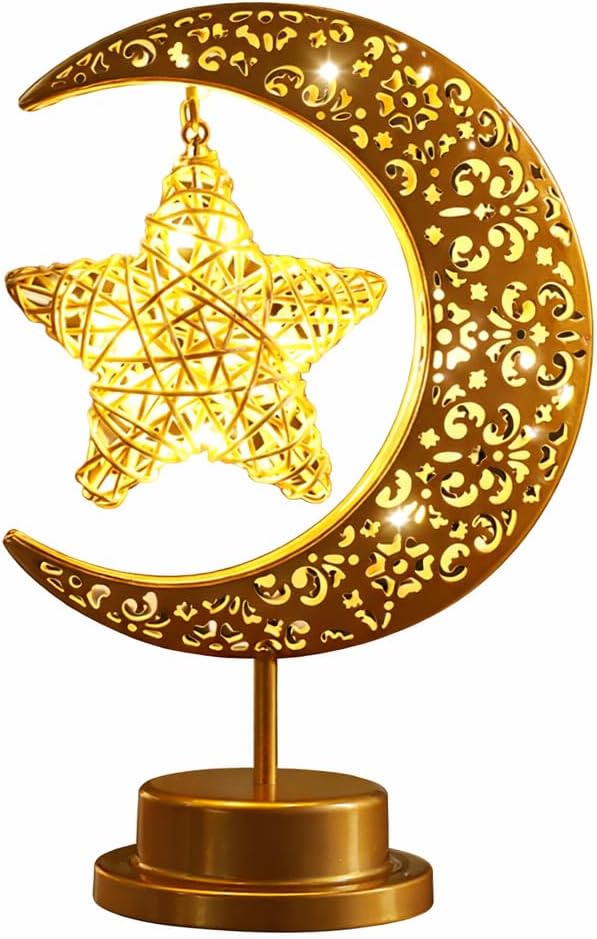 Lifnatty Ramadan Decorations Moon Lamp, Ramadan Decor for Home, Eid Mubarak Decorations, Ramadan Eid Gifts, Enchanted Lunar Table Lamp, Half Moon Lights, Battery Operated Moon Star Night Light