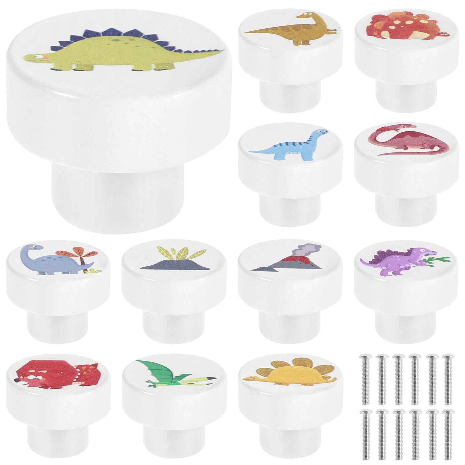 Alongen White 12Pcs Wooden Drawer Knobs With Screws 35Mm Dinosaur Pattern Round Dresser Knobs Decorative Wood Cabinets Handles Creative Drawer Pull Handle For Nursery Cabinet Closet