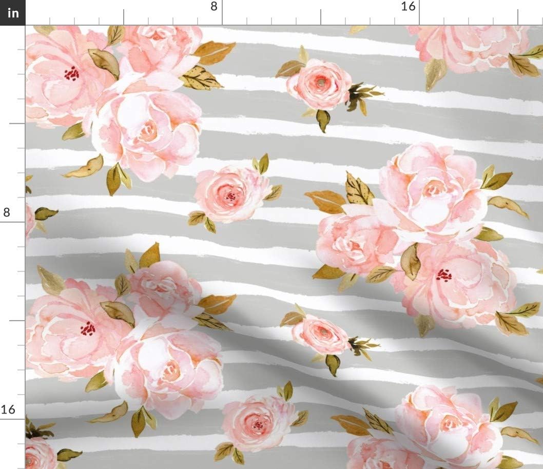 Spoonflower Fabric - Blush Rose Gray Stripe Roses White Pink Striped Floral Flowers Printed on Petal Signature Cotton Fabric by The Yard - Sewing Quilting Apparel Crafts Decor
