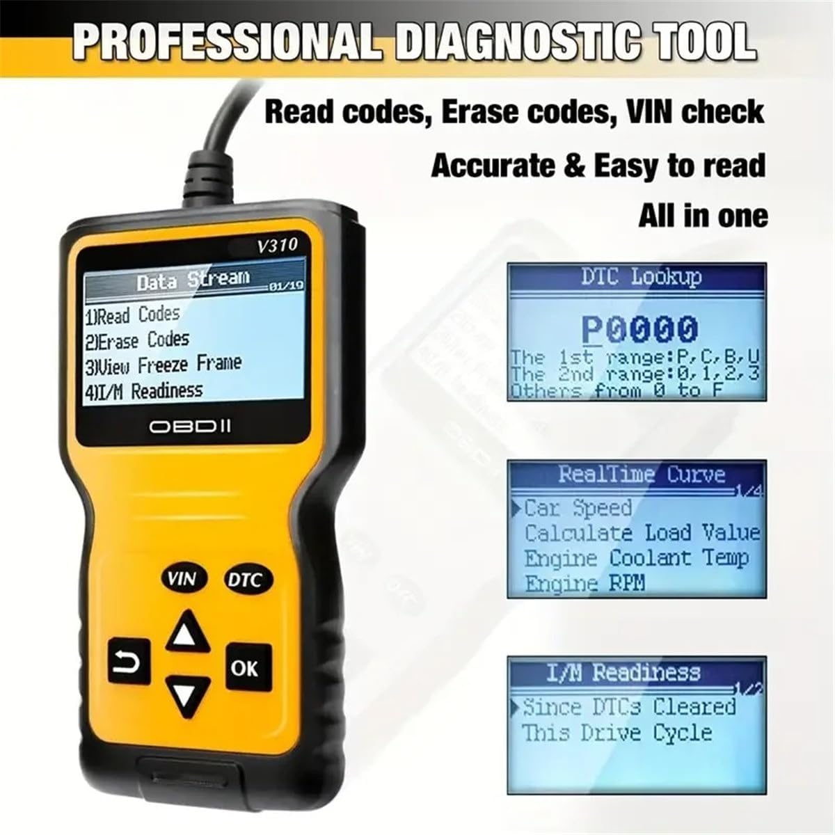 OBD2 Scanner Universal Car Engine Fault Code Reader, CAN Diagnostic Scan Tool for All OBD II Protocol Cars V310