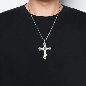 HZMAN ラージロシア東方正教会クロスネックレス メンズ レトロ 宗教的 クロスペンダント クリスチャン ジュエリー ギフト, 2.57 x 1.92 inches, ステンレス鋼, ジェムストーンなし