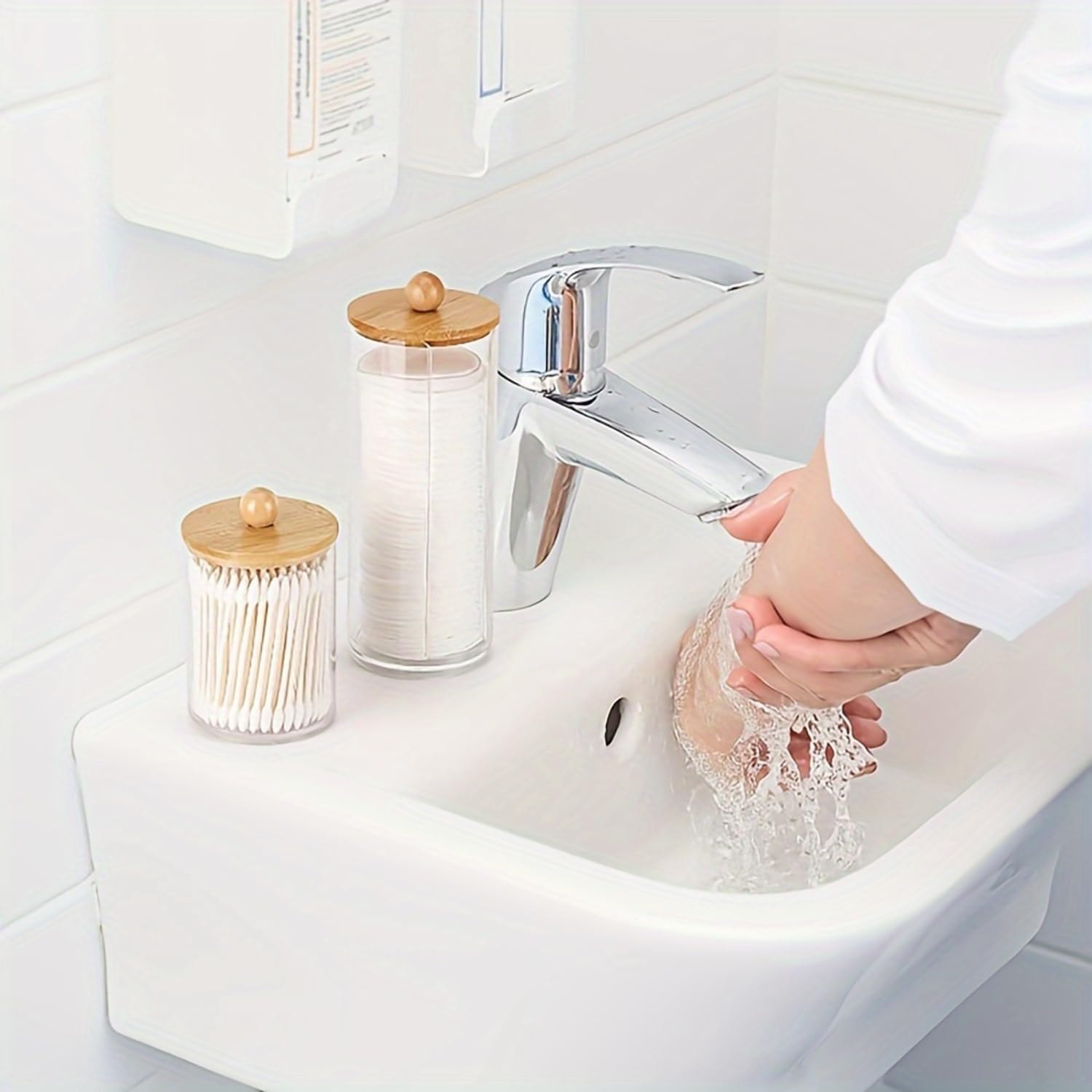 Soko 3 PC set Qtip Holder with Bamboo Lids | Clear Cotton Swab Storage Dispenser Jar | Makeup Vanity Countertop Cosmetic Organizer | Bathroom Canister Accessories for Ball, Round Pads, Floss, Earbud
