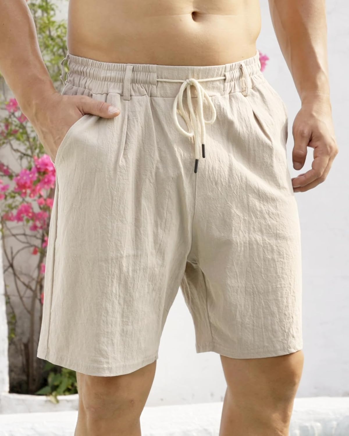 Mens Linen Shorts Casual Elastic Waist Drawstring Lightweight Vacation Summer Beach Shorts with Pockets - Image 2