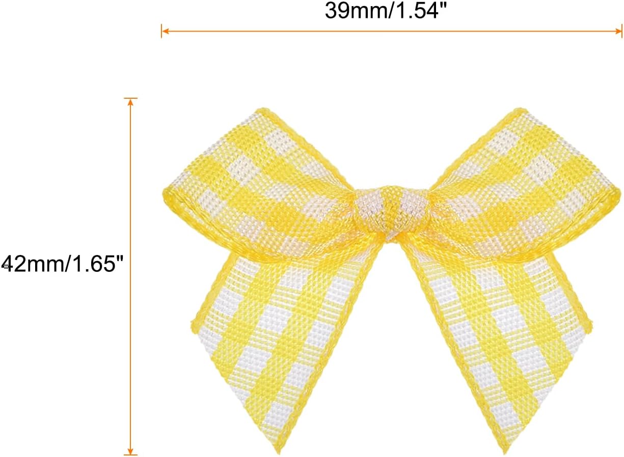 MECCANIXITY 10Pcs Mini Gingham Ribbon Bow 1.5" Checkered Fabric Satin Ribbon Bows for Craft DIY Hair Bow Sewing Wedding Birthday Party Yellow and White