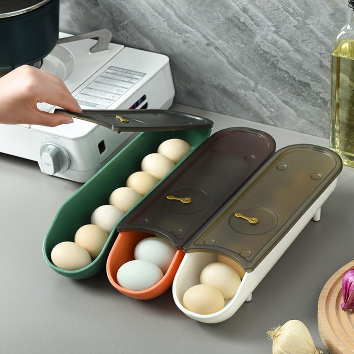 3pcs Egg Holder, Stackable PP Tray with Auto Scrolling