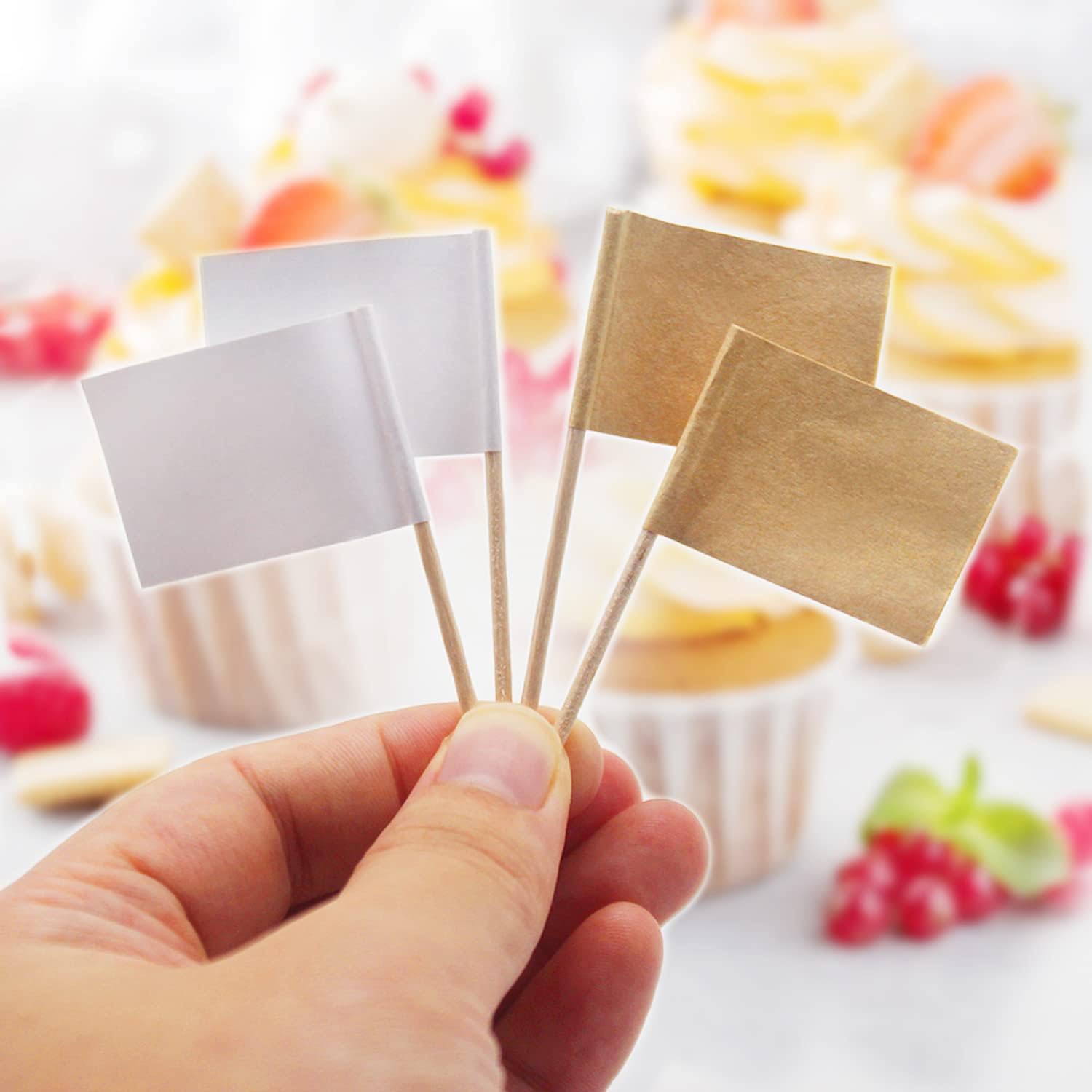 Benvo 200 Pieces Blank Toothpick Flags Mini Stick Cupcake Toppers Food Labels Cocktail Picks Cheese Labels for Appetizers Fruit Party Buffet Food Bar Charcuterie Accessories(Natural and White Color)