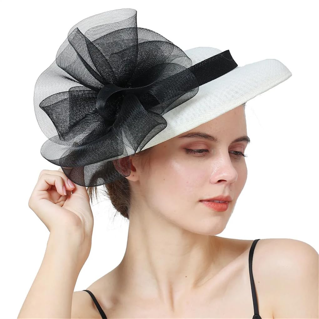 XYNSNDB Damski kapelusz na wesele Fascinator z pałąkiem na głowę i spinką do włosów Vintage urocza czapka Chapeau Kwiatowa szpilka do włosów kość słoniowa z czarnym