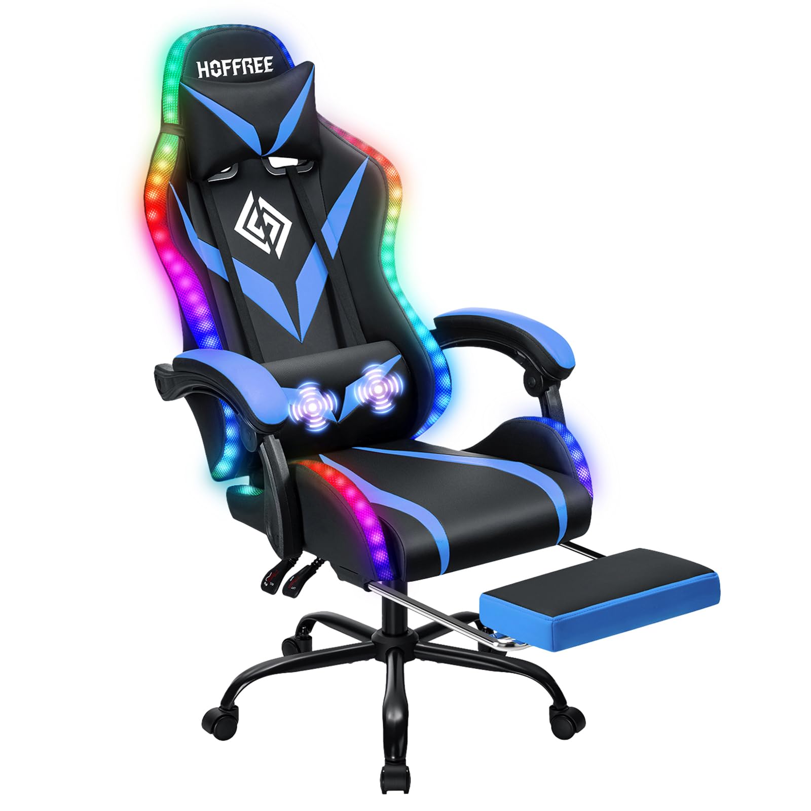 RGB Gaming Chair with Massage and LED Lights Ergonomic Video Game Chairs with Footrest High Back Reclining Computer Chair with Adjustable Lumbar