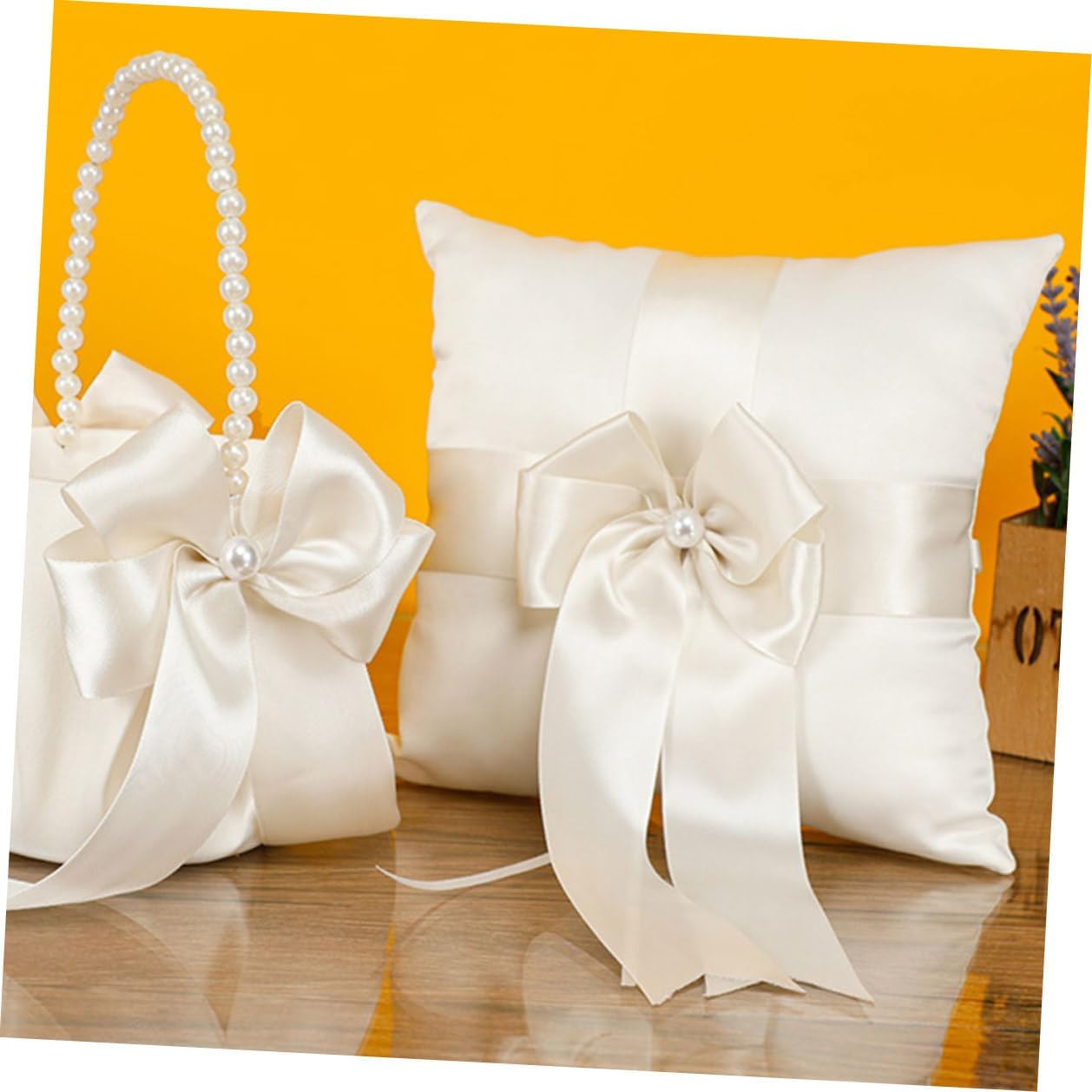 Wedding Ring Pillow Bowknot Design Decorative Satin Engagement Ring Bearer Pillow for Wedding Ceremony Party