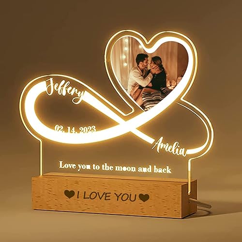Placa de acrílico con foto personalizada, regalos para aniversario, San Valentín, cumpleaños, luz nocturna LED personalizable, base de madera,