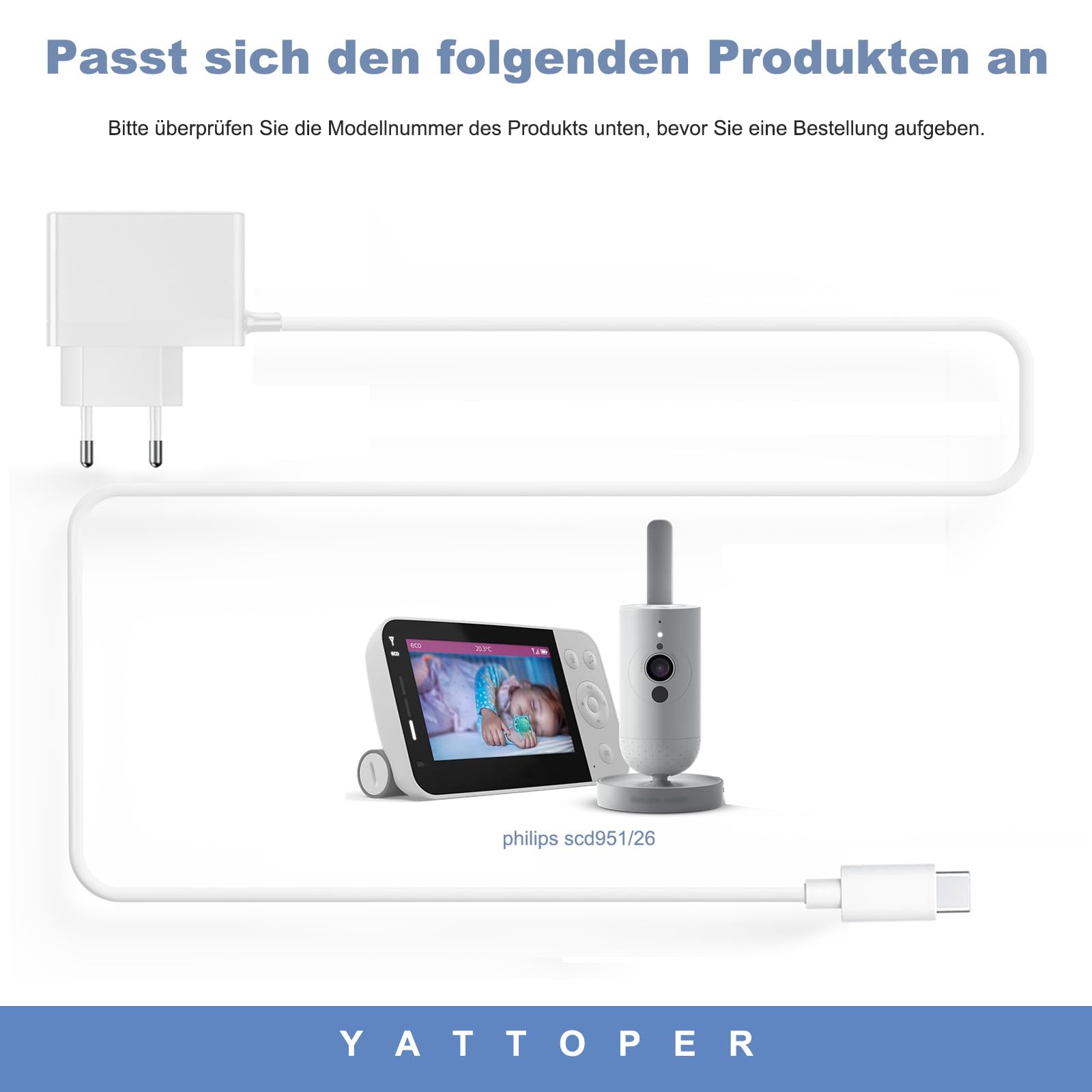 Cargador compatible con Philips Avent SCD951/26 Baby Videophone Cable de carga para vigilabebés 5 V Cargador Fuente de alimentación