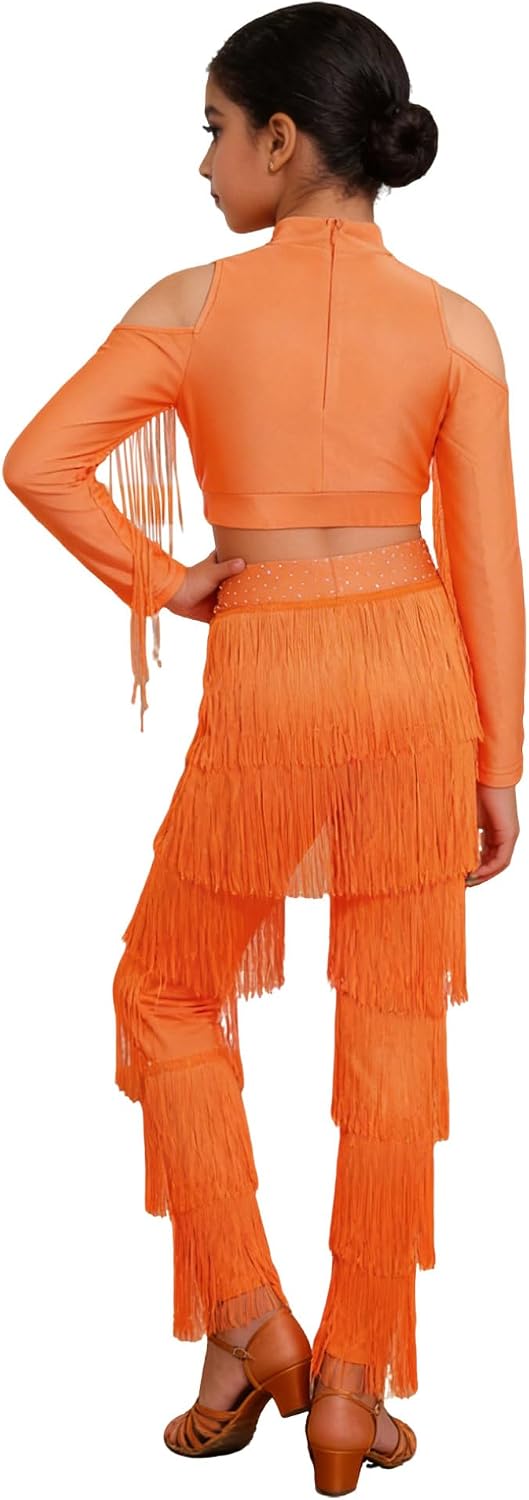Freebily Kids Girls Latin Dance Outfit Tassel Crop Top Fringe Practice Pants Set Tango Jazz Ballroom Dancewear Fluorescent Orange 12 Years