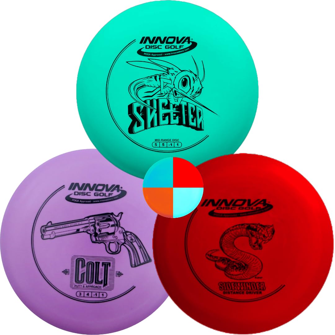 Innova Disc Golf DX 3 Disc Set | Driver, Midrange, Putter | Sidewinder, Skeeter, Colt + G3T Blank top Mini, Mystery Color