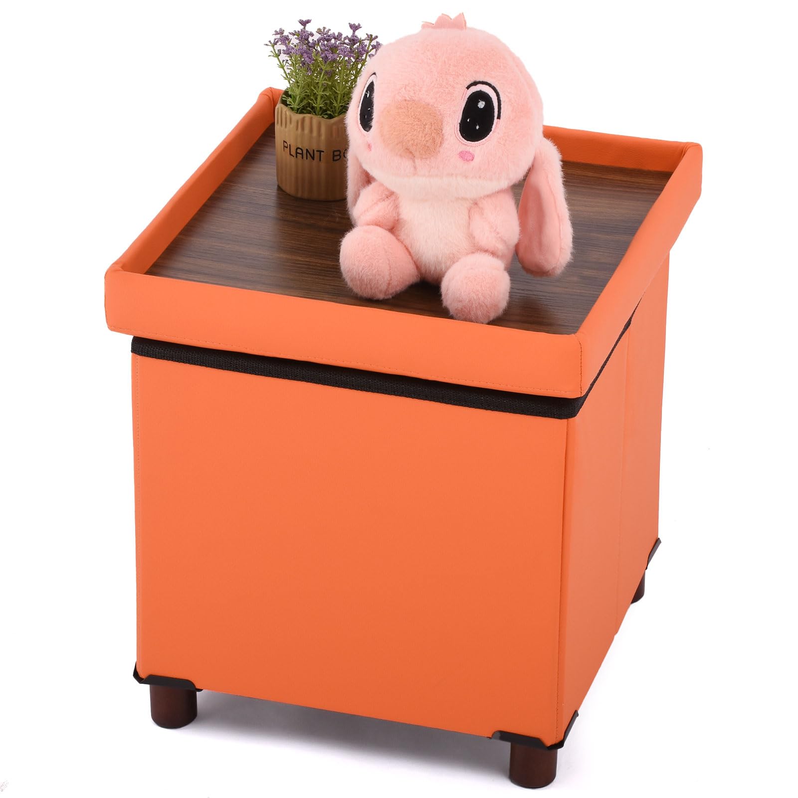 Dorriss Storage Ottoman, Ottoman with Storage for Living Room Ottoman Square Tray Bedroom Cube Foot Rest Stool With Legs Small Ottomans Coffee Table Lid Foldable Footstool Faxu Leather 15" In (Orange)