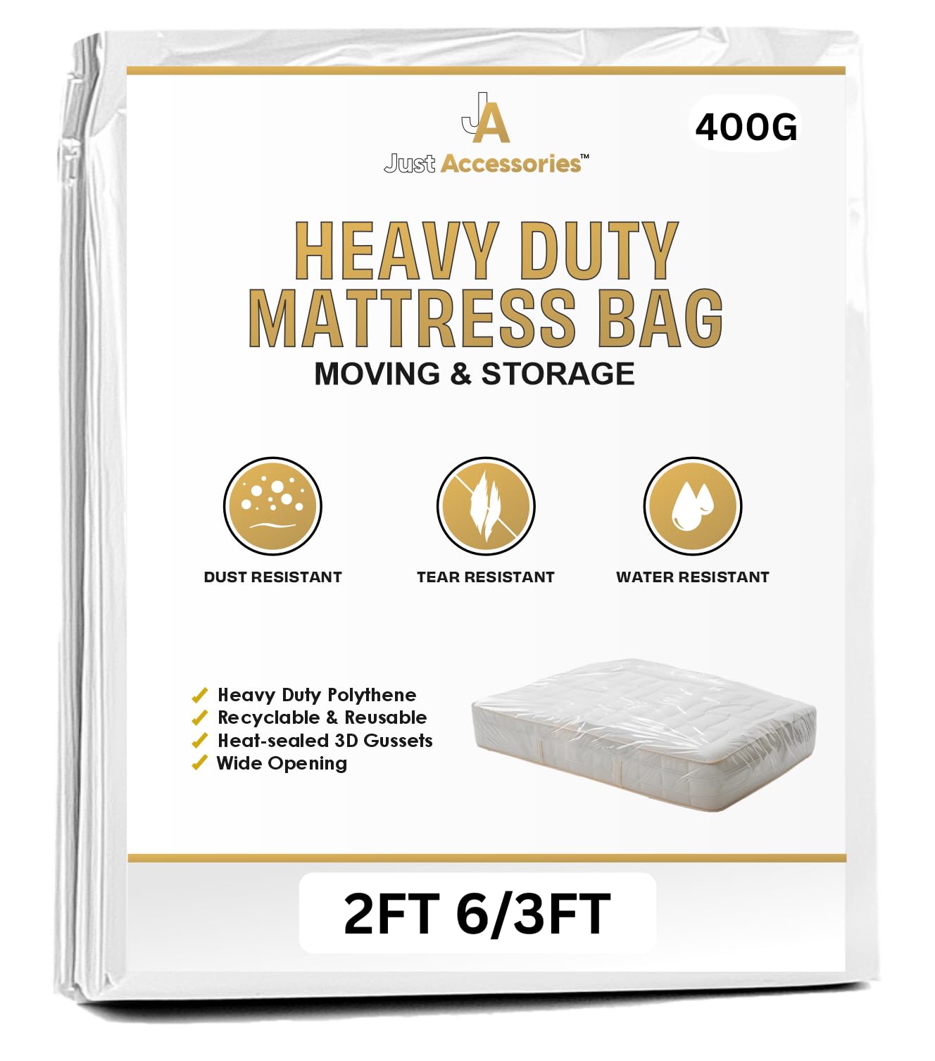Just Accessories® Heavy Duty Mattress Bag For Storage Moving Removal Polythene Protector Cover (2ft 6" Small Single 2'6" Mattress Bag)