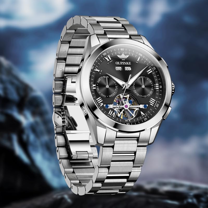 OUPINKE Watch for Men Automatic Wristwatch Sapphire Crystal Calendar Skeleton Luminous 3D Dial with 5ATM Waterproof Luxury Tungsten Steel Strap