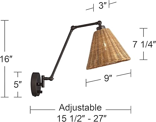 Miniatura 4 de Barnes and Ivy Juego de 2 lámparas de pared modernas de mediados de siglo con brazo oscilante de metal de bronce, pantalla de ratán natural,
