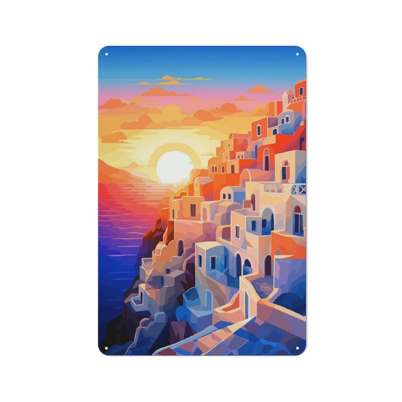 Junmoney Santorini Sunset Travel Decorative Tin Sign With Design 30X20cm, Nostalgic Old Style Wall Plaque For Living Room, Hallway, Kitchen Or Cafe