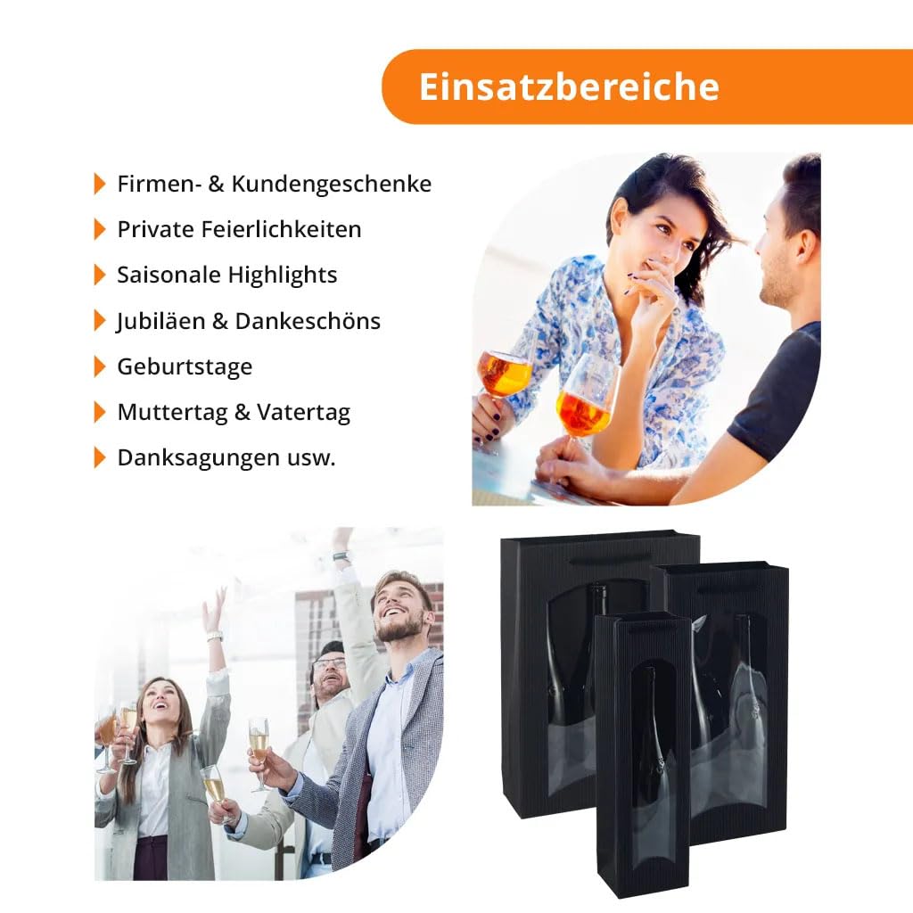 20 Flaschentaschen für 2 Weinflaschen aus Kraftkarton | schwarz | 170 x 85 x 360 mm | mit Sichtfenster & Tragekordel | Geschenkverpackung für Wein-, Sekt- & Spirituosenflaschen