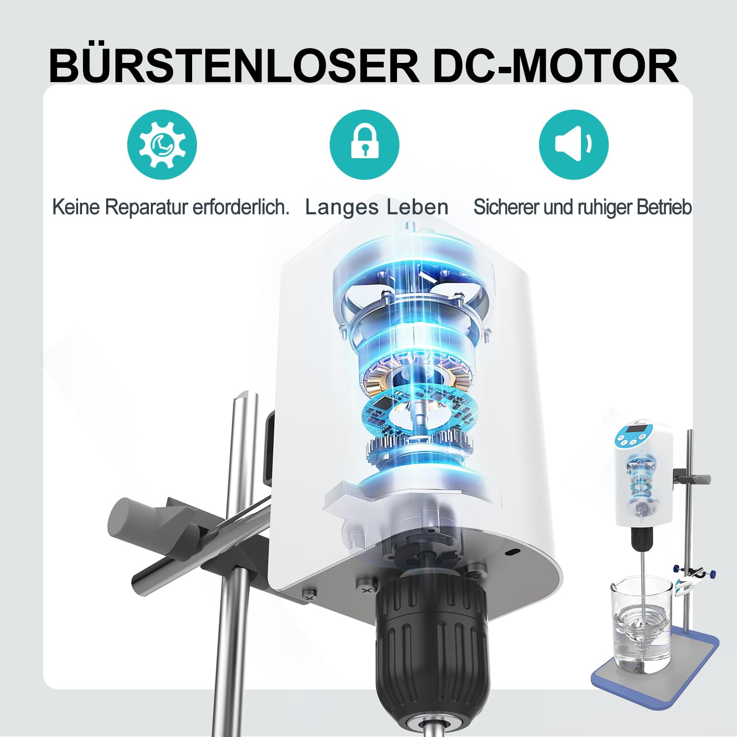 JOANLAB Elektrischer Labor-Overheadrührer Digitaler Mixer mit Edelstahlständer & Rührstab, Drehzahl 100-2000U/min einstellbar, 20L Kapazität, 30000mPas, leistungsstark für hochviskose Flüssigkeiten