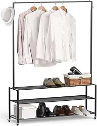 Arara de Roupas,Arara de Roupas Cabideiro,Cabideiro para Roupas com Duplo Organizador Sapateira,Cabideiro de Chão com Rodízios e Ganchos,Portátil, Multifuncional, Preto, 108 * 28 * 160CM