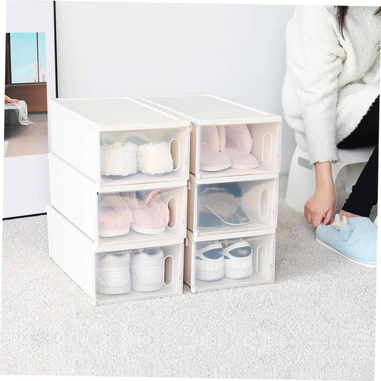 Cabilock 2pcs Plastic Shoe Organizer Boxes Stackable Storage Containers for Shoes Socks and Accessories and Design for Space-saving Home Organization
