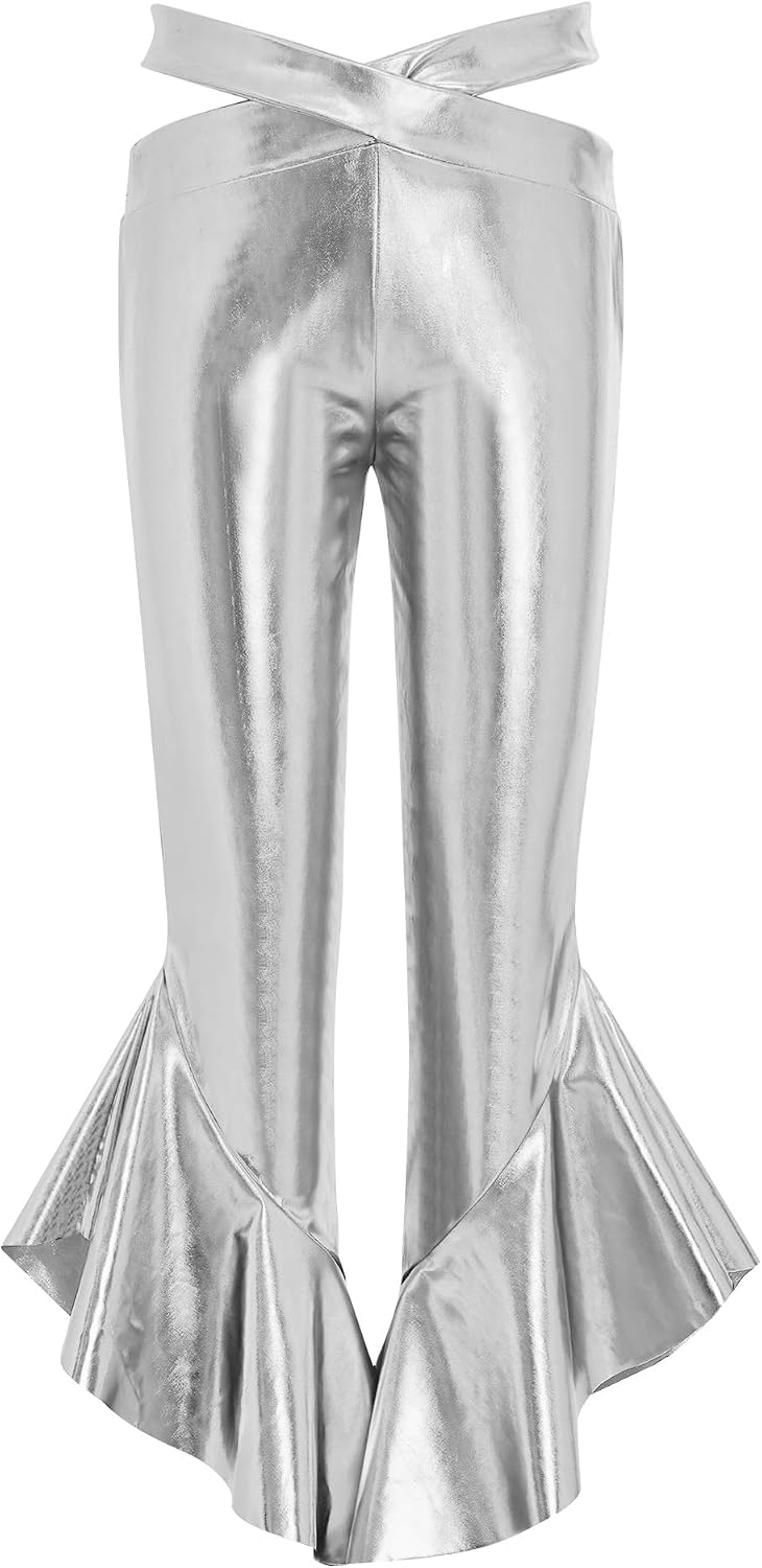 Kids Girls Metallic Disco Bell Bottoms Shiny Sparkly Jazz Dance Pants Cross Waist Ruffle Flare Trousers