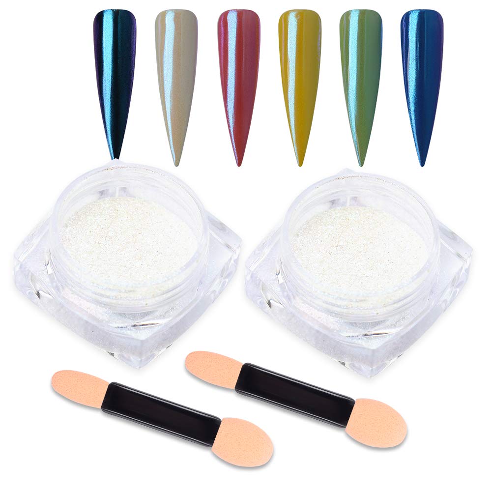 Mermaid Chrome Nail Powder, 2 Jars Neon Iridescent Chrome Powder Nail Art Mirror Glitter Effect Pigment Powder Dust Manicure Tips with Sponge Applicators