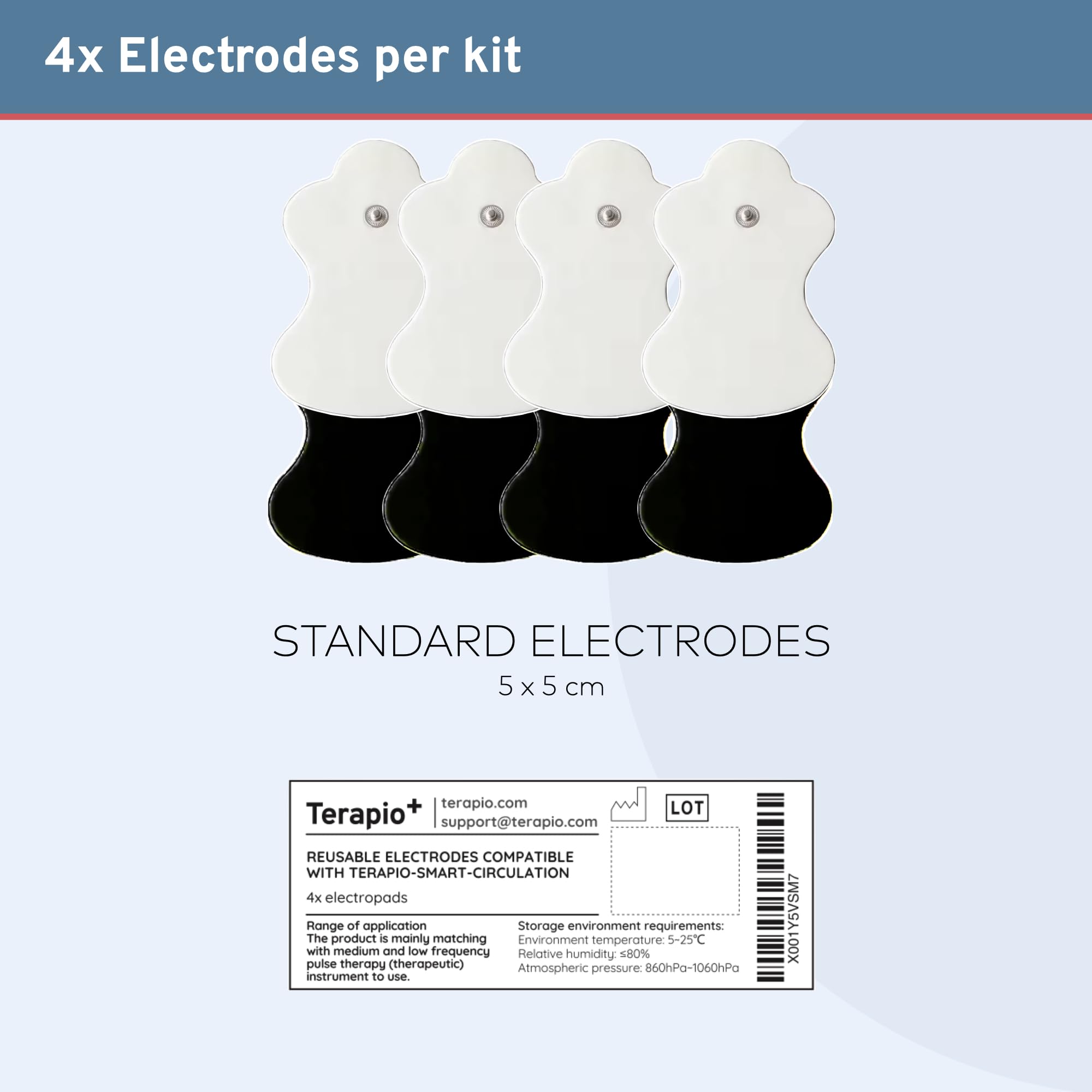 4x Elektrody wymienne. Kompatybilne z urządzeniem TERAPIO-SMART-CIRCULATION. Wysokiej jakości elektrody wielokrotnego użytku do urządzenia TENS. Zestaw 4 elektrod.