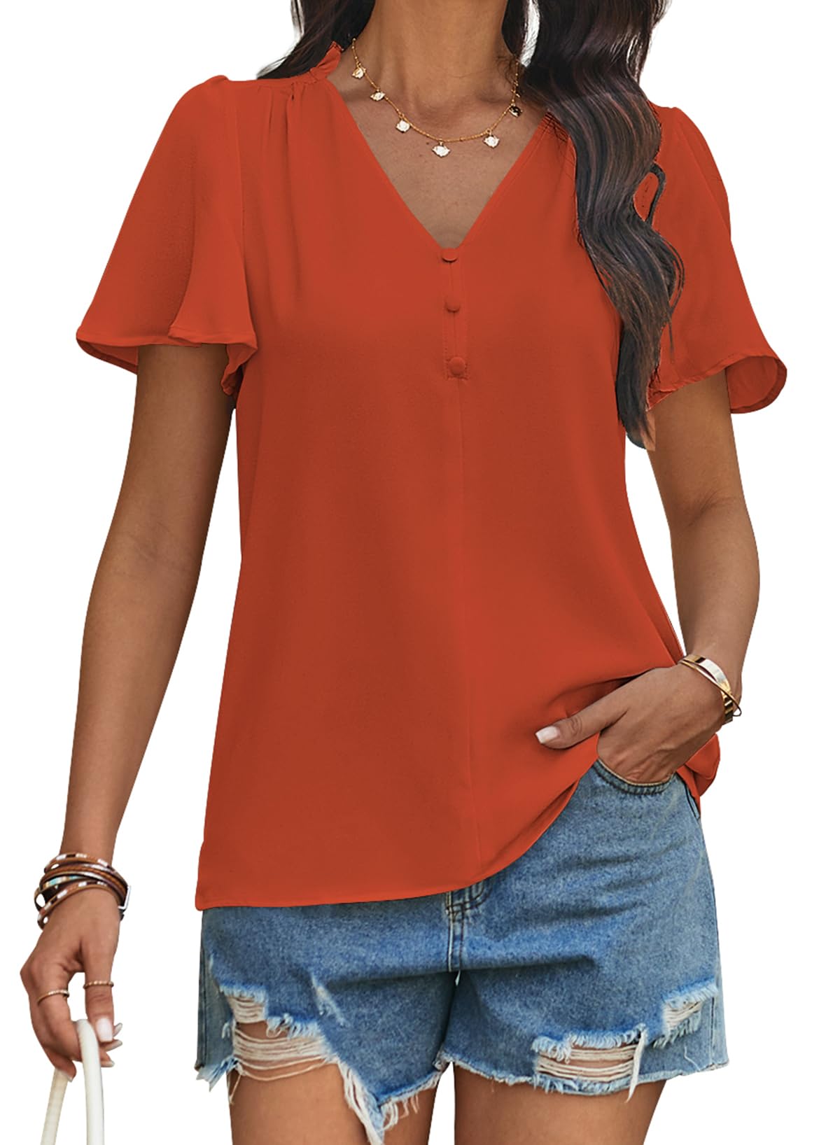 Womens Blouses Short Flutter Sleeve V Neck Chiffon Work Tops Casual Dressy Shirts Flowy Office Outfit 2025 Trendy