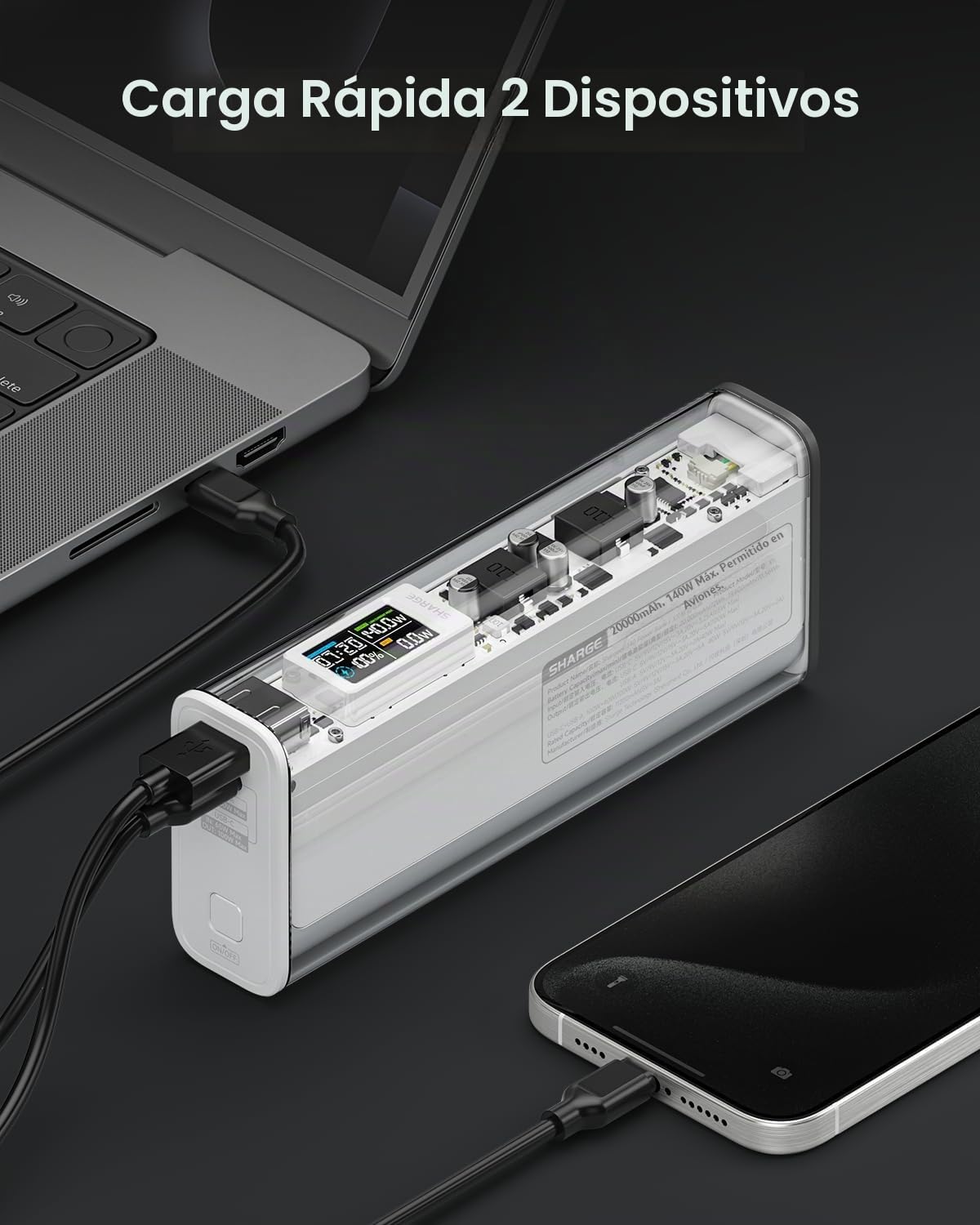 SHARGE Shargeek Power Bank 140W 20000mAh Transparente, Batería Externa con Puertos USB-C y USB-A, Cargador Portátil Rápido con Pantalla Inteligente, para iPhone, MacBook, Galaxy, iPad