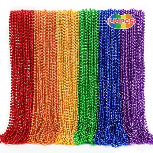 EOBOH 144PCS Pride Accessories, Metallic LGBTQ Beads Necklace Bulk, 6 Kinds of Rainbow Beads Necklaces Stuff, Gay Lesbian Pride Necklace for Costumes Decorations Parade Throws Party Favors