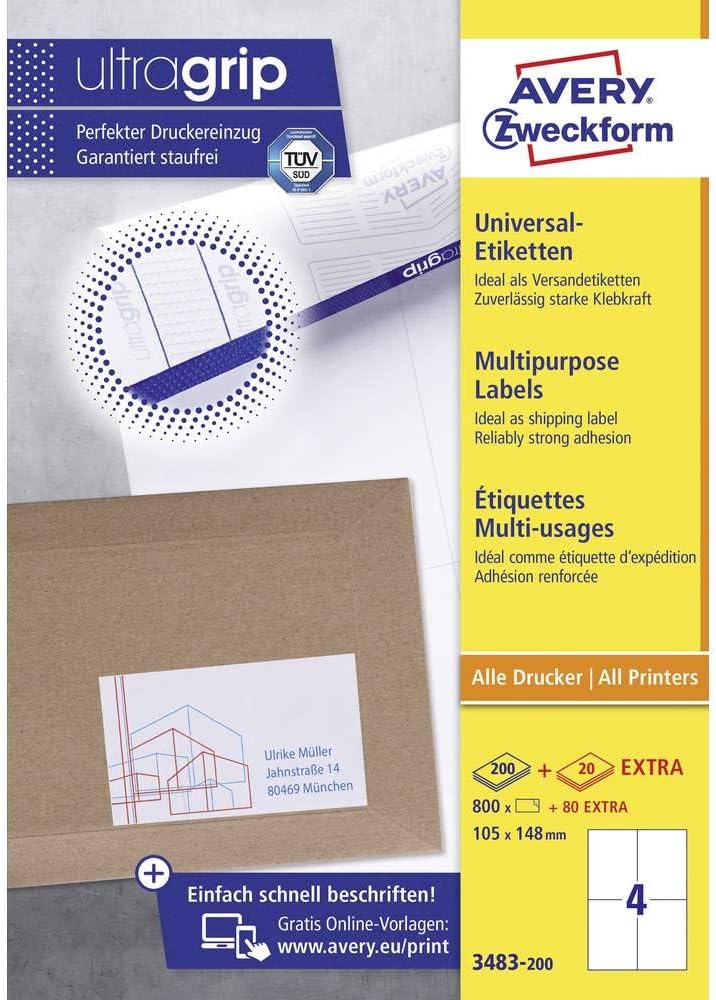 Avery Zweckform 3483-200 Universal Labels 105x148 mm for Inkjet Laser Copy White