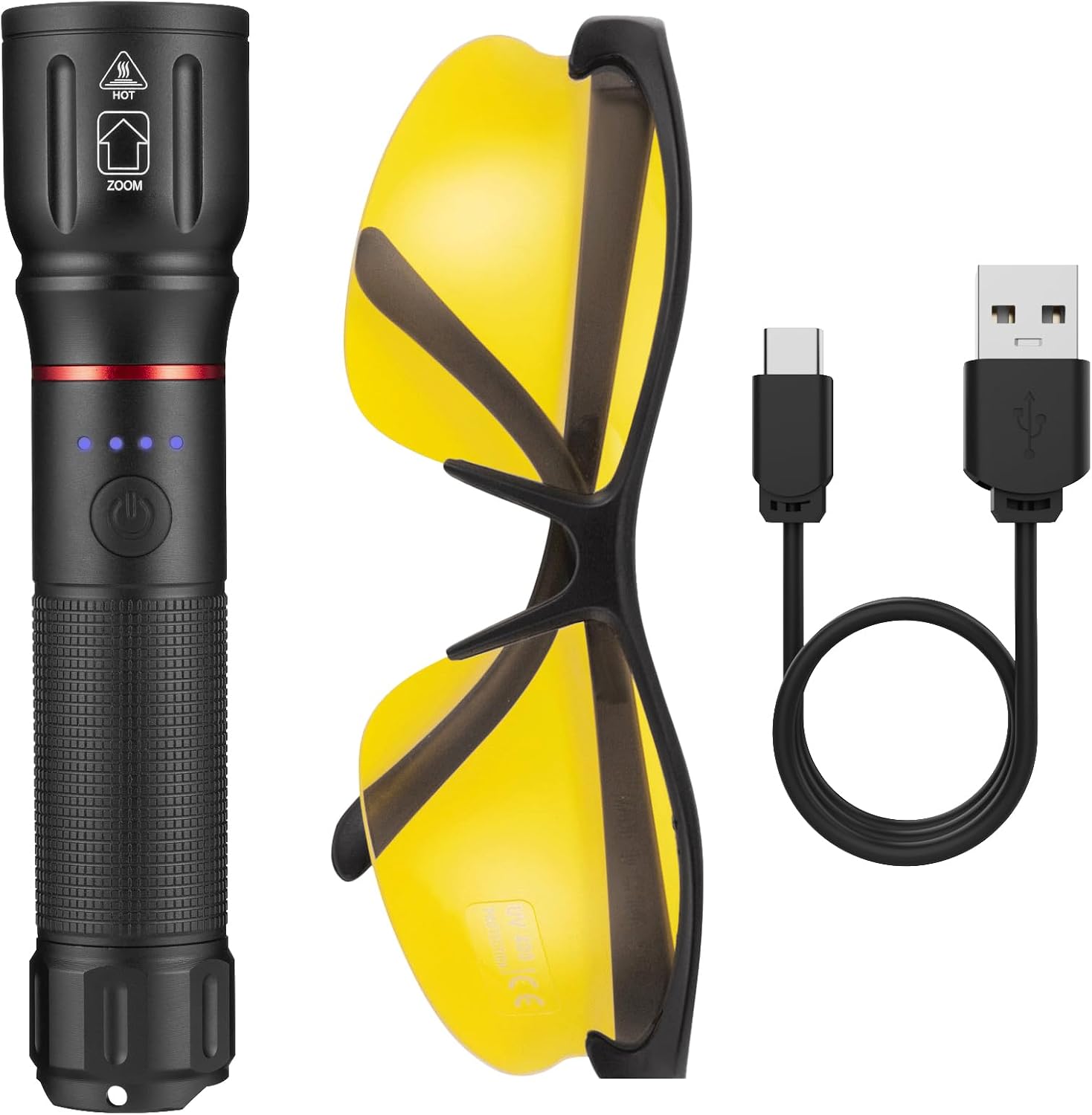 ALONEFIRE X107 UV Flashlight, yellow protective glasses, and USB-C charging cable